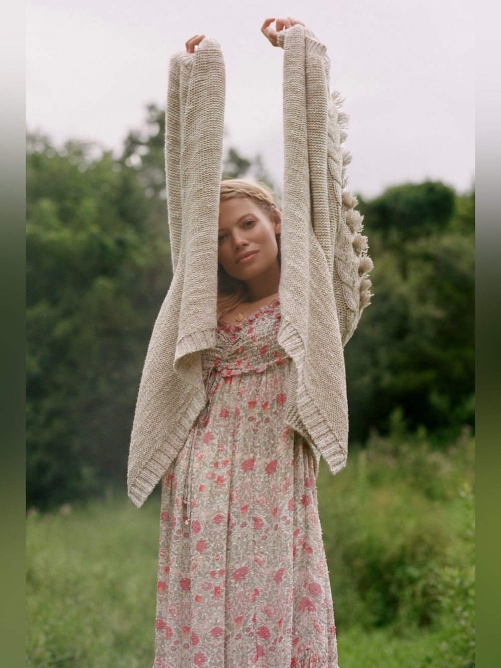ANTHROPOLOGIE Braided Sleeve Cardigan Sweater Beige OS